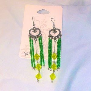 New heart dangle earrings beaded handmade green and silver.